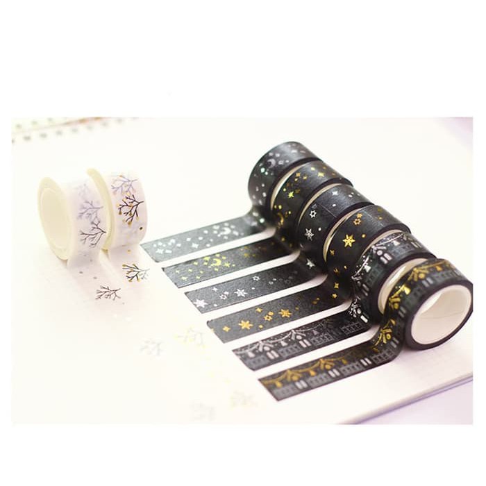 Japanese Washi Tape - Set Black White Gold and Silver Pattern