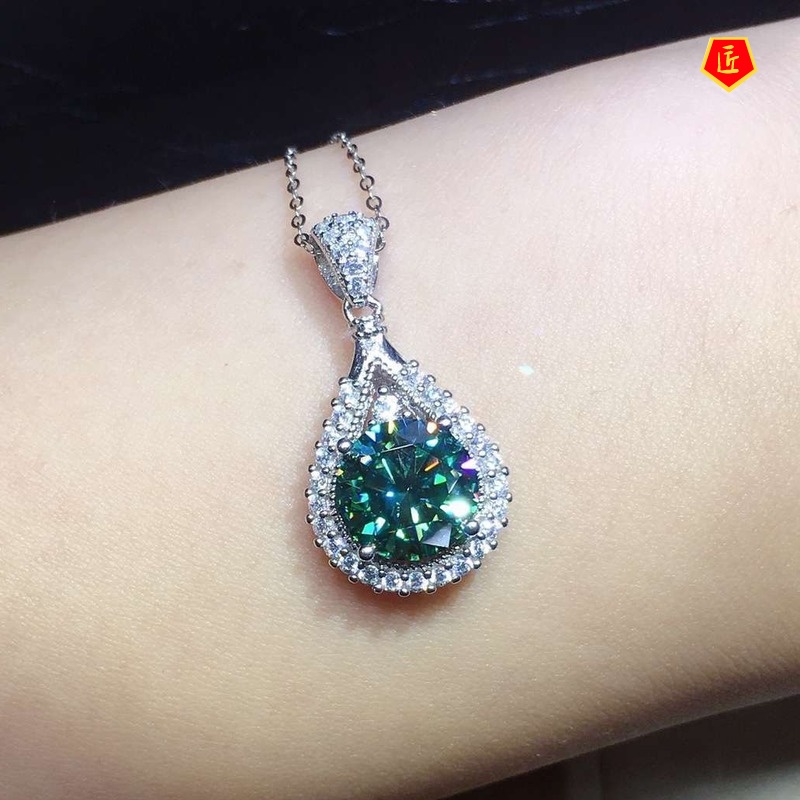 [Ready Stock]Blue Green Moissanite Pendant Necklace Elegant Fashion