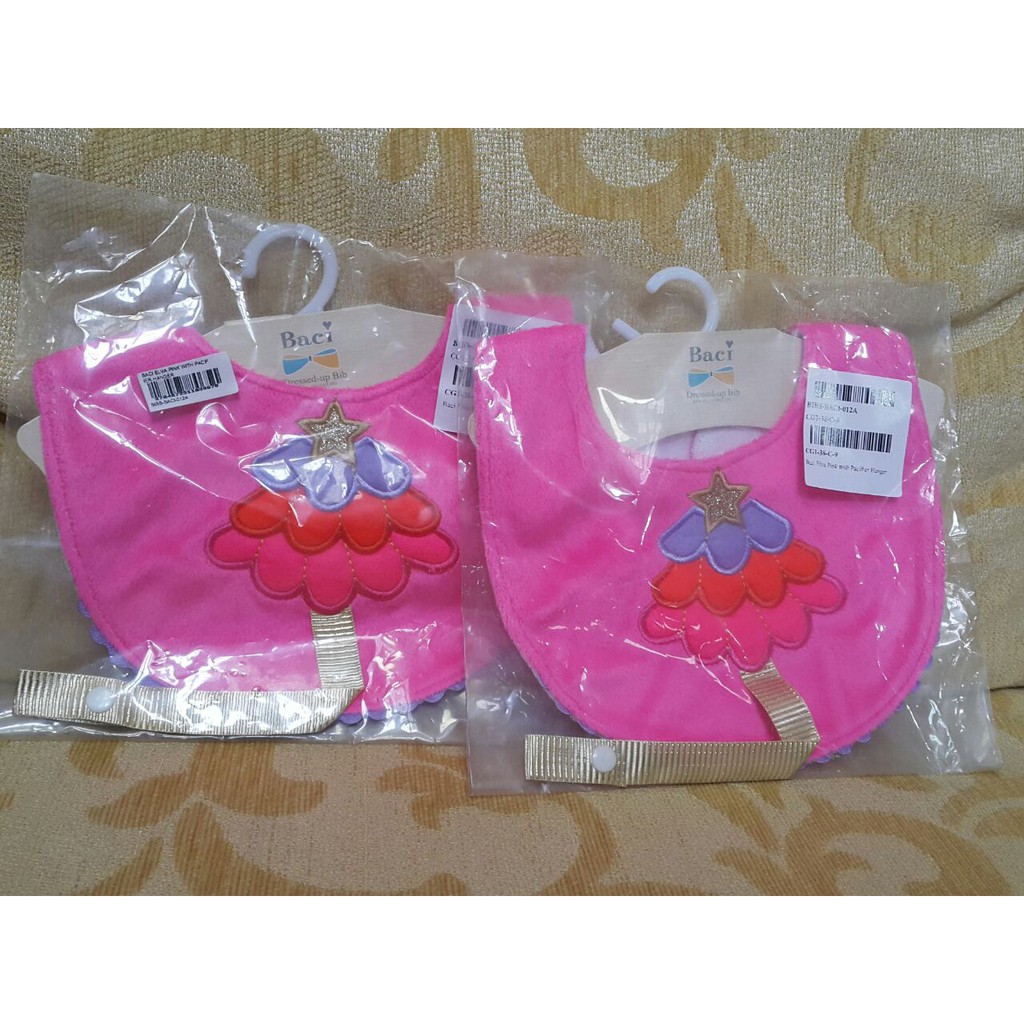 Baci Elva Pink Bib With Pacifier Hanger