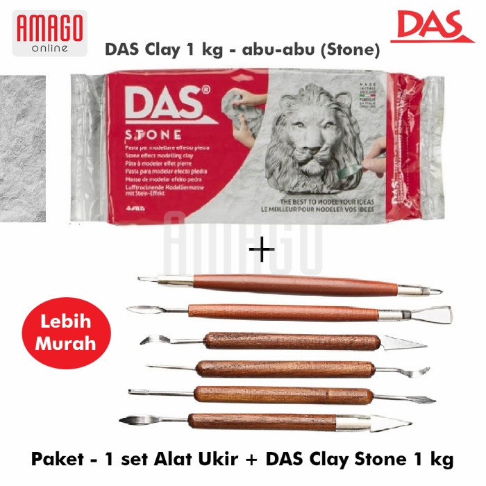 Paket Murah - 1 DAS Modelling Clay 1 kg Abu-abu (Stone) + 1 set (isi 6) Alat Ukir Gagang Kayu