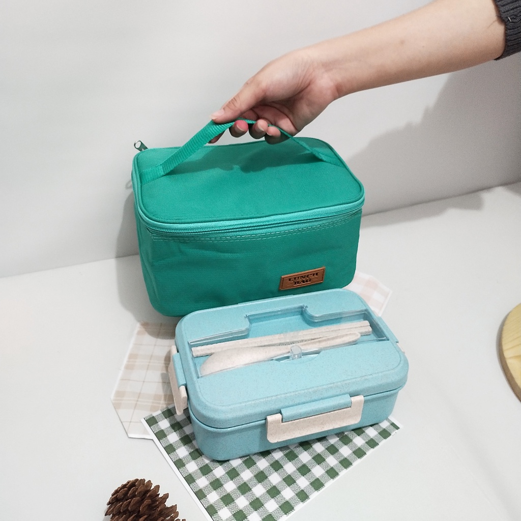 Tas bekal set kotak makan lunch bag dan lunch box kotak makan jerami dan tas dengan lapisan aluminium foil awet banyak pilihan warna