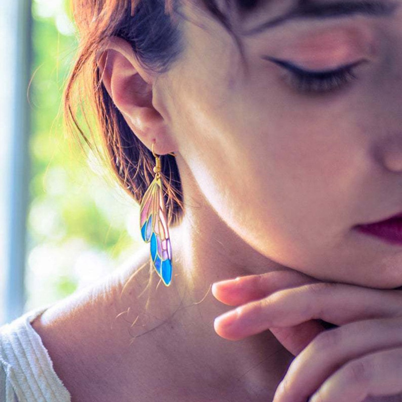 Anting Panjang Bentuk Sayap Kupu-Kupu Asimetris Warna Gradasi Untuk Pengantin