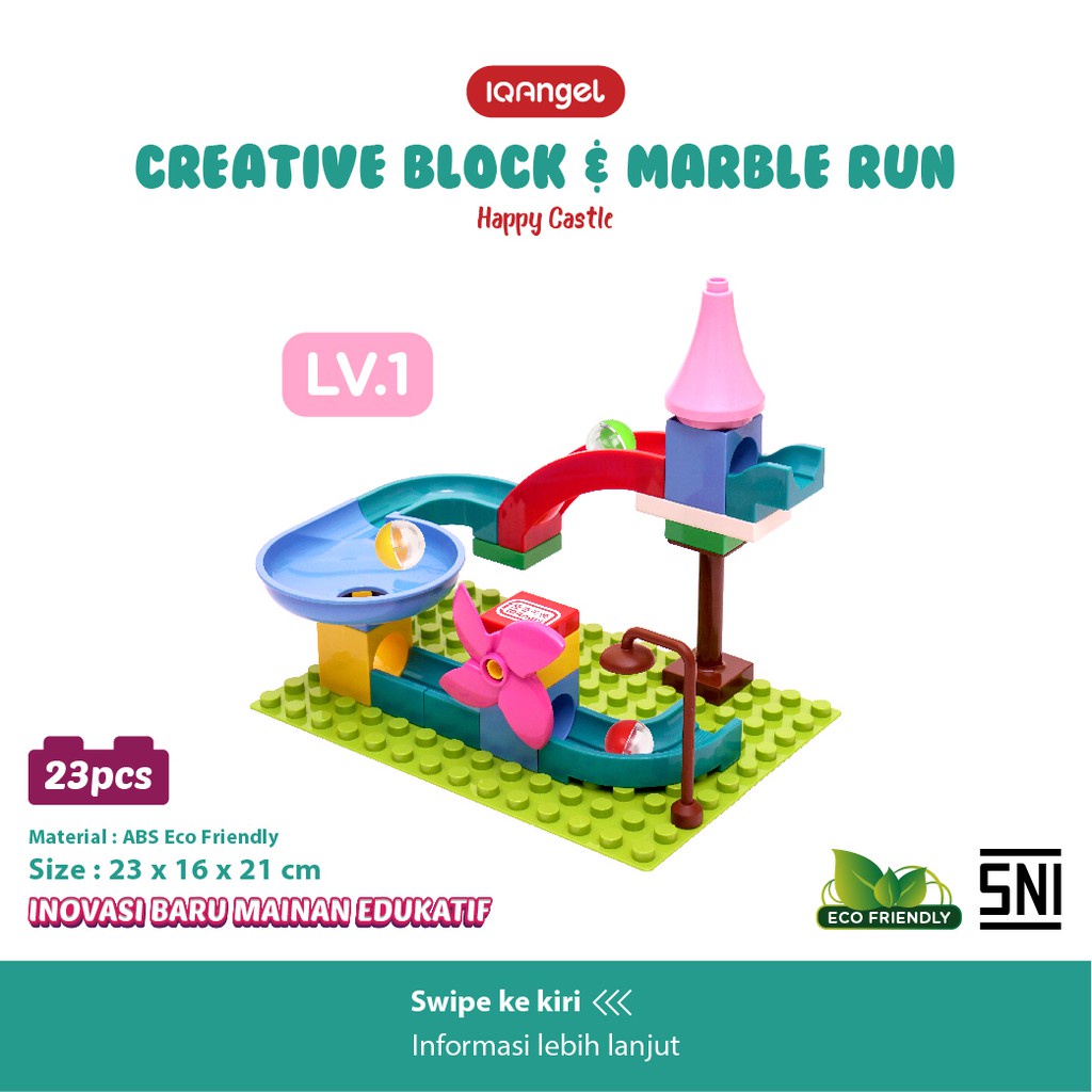 IQ Angel Creative Block &amp; Marble Run Toys Happy Castel / Lego Block / Mainan Balok Susun 64 Pcs