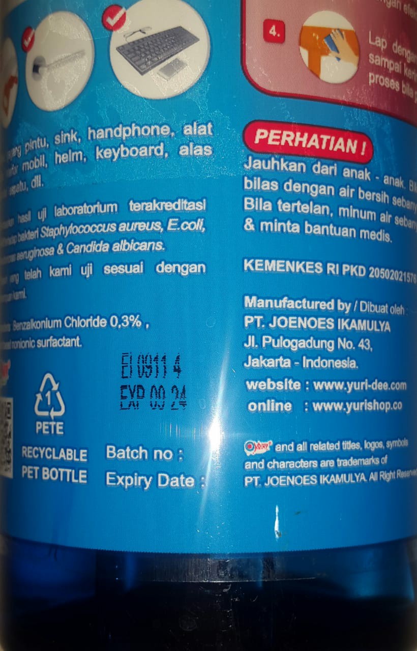 Disinfectant Desinfektan Desinfectant Yuri Spray Semprot 500ml (gojeg/grab/instnt Kurir Only)