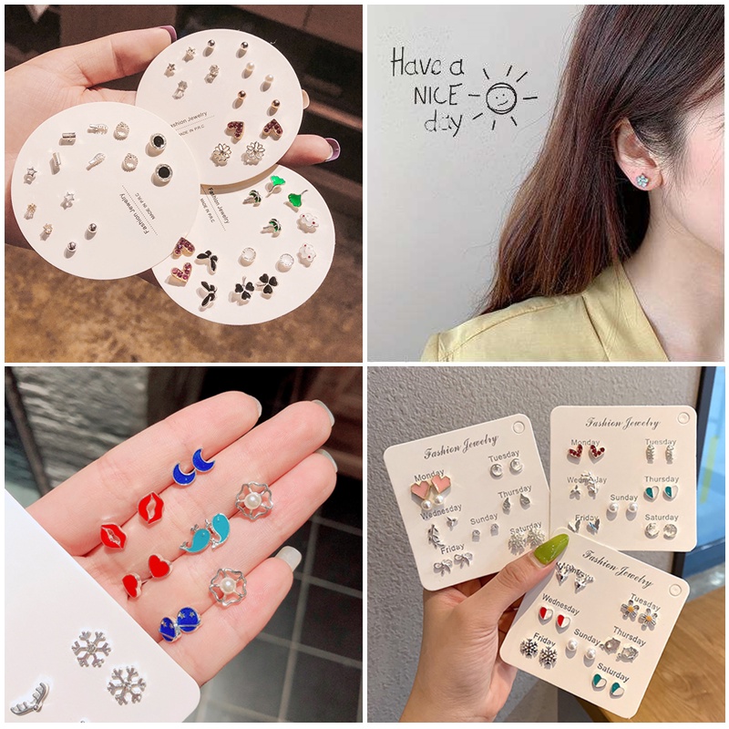 7 Pasang / Set Anting Tusuk Aneka Desain Gaya Simple Untuk Wanita