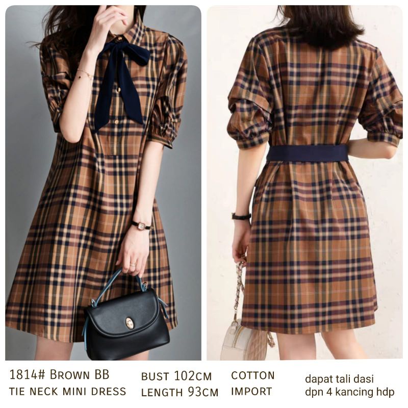 MDLV ~ 1814# Brown BB Tie Neck Mini Dress Import Dress Kotak Korea Fashion import