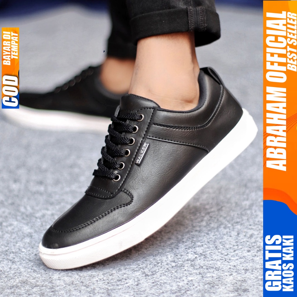 Sepatu Kasual Pria Sneakers Casual Kulit Pu Kerja Polos Hitam Coklat TIAGO ABRAHAM