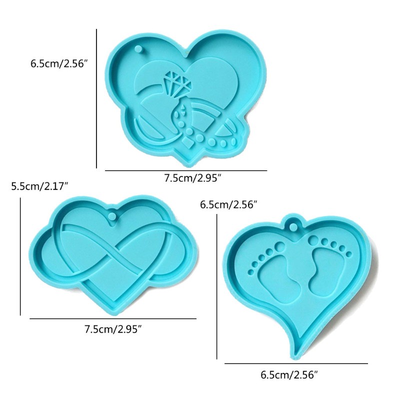 Glitter 3 Pcs Love Heart Keychains Epoxy Resin Mold Necklace Pendant Silicone Mould DIY Crafts Jewelry Hanging Decortaions Tool