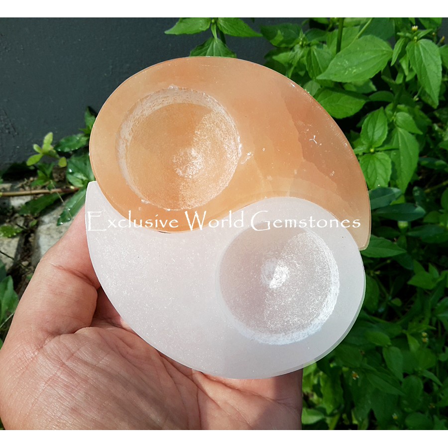 1.95.66 - Natural Selenite Candle Holder Yin Yang - Morocco