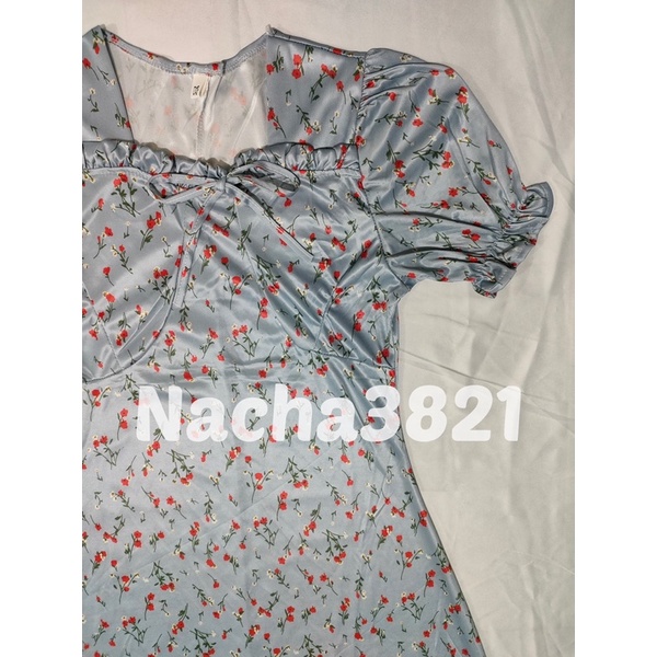 D132- Korean Blue Midi Dress Vintage Motif Flower Square Neck-6