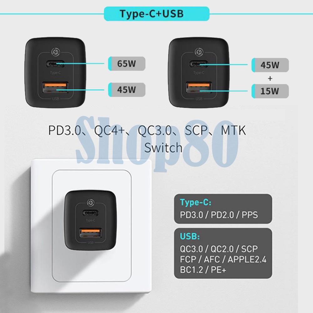 Baseus Adaptor 65W Dual 2 Type C USB GaN Pro PPS PD QC 3.0 Adapter Charger Fast Charge Charging