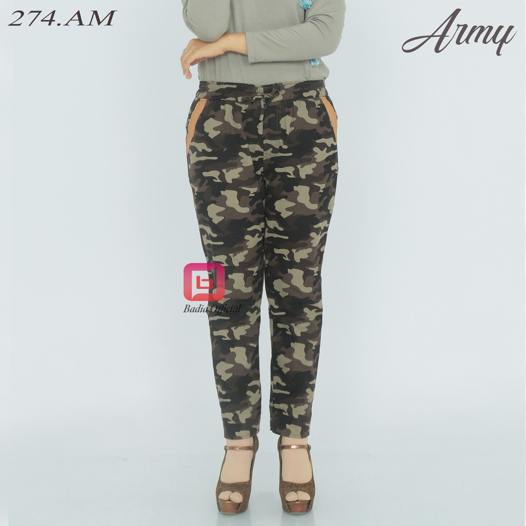 celana jeans loreng baggy jogger boyfriend denim tentara army pinggang karet wanita premium