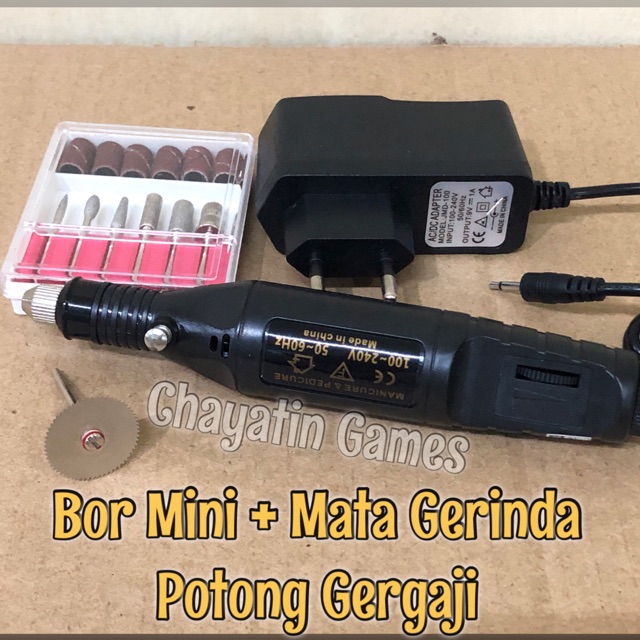 Bor Mini / Gerinda Mini + Mata Gergaji + Adaptor Sesuai Dengan Foto