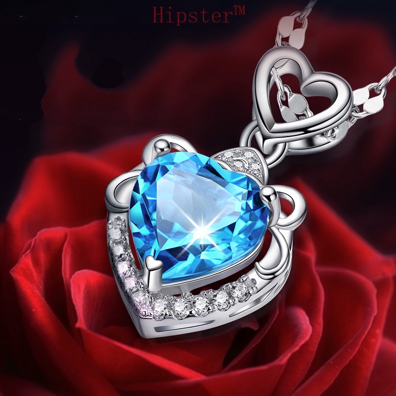 Hot Sale Fashion All-Match Ocean Heart Sapphire Heart-Shaped Full Diamond Pendant Necklace