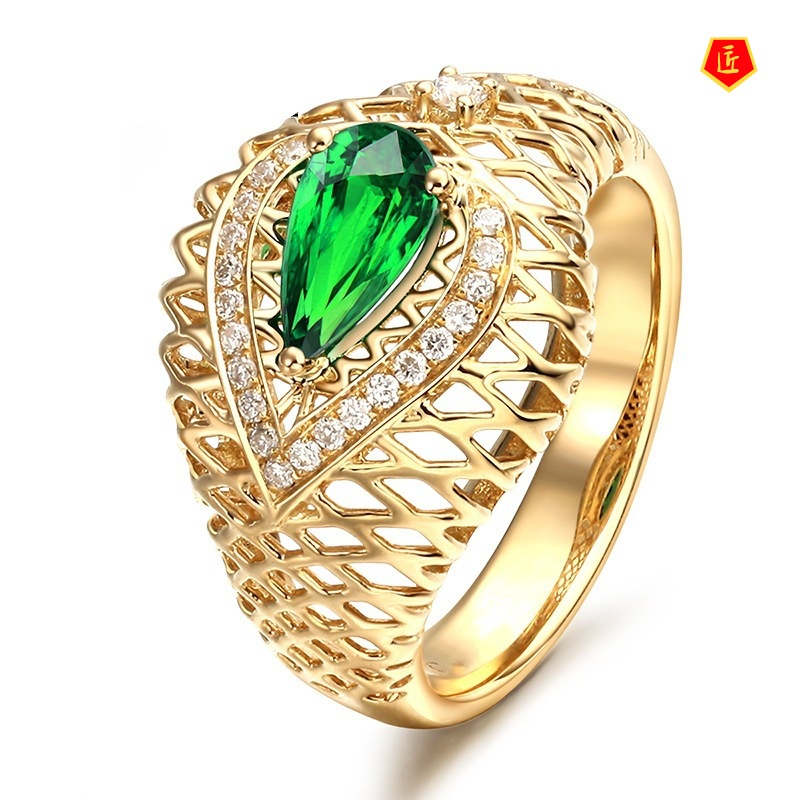 [Ready Stock]Fashion Elegant Hollow Jeweled Emerald Gold Ring