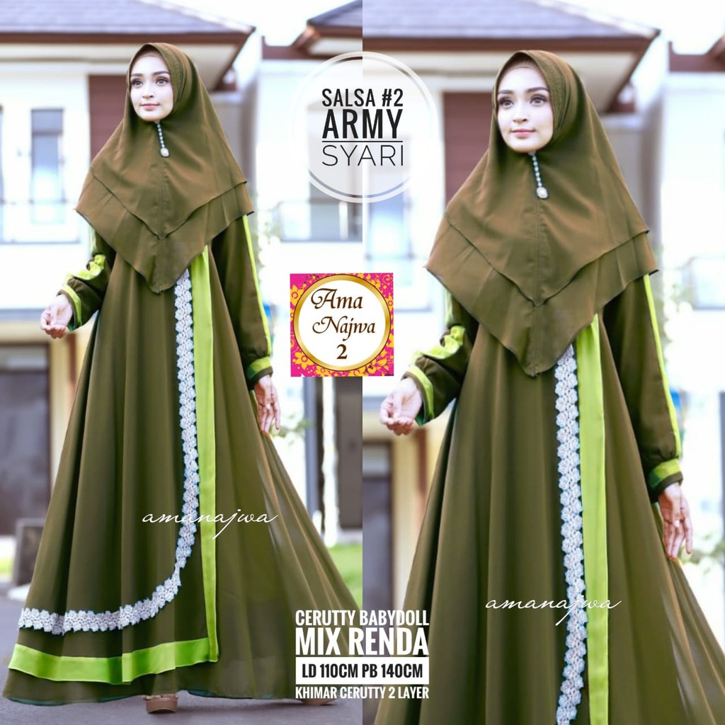 SALSA #2 Army Syari Gamis Muslimah Khimar Ceruty 2 Layer by Ama Najwa