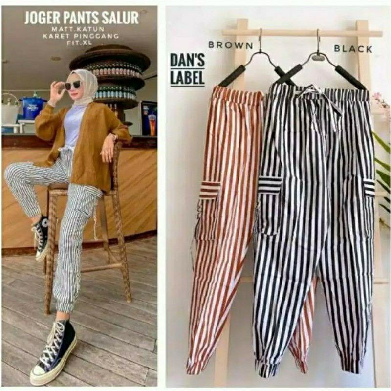 JOGGER CARGO WANITA/Jogger Kargo Motif salur wanita/Bahan scuba