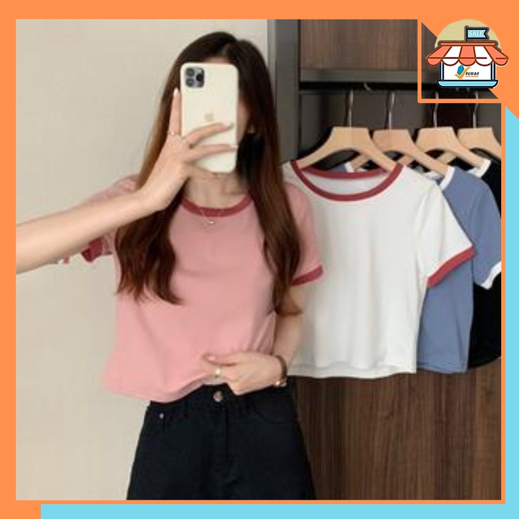 RSB BJ284 Baju Wanita Atasan Round Neck Short Sleeve Contrast Colour T-Shirt Kaos Wanita Lengan Pendek