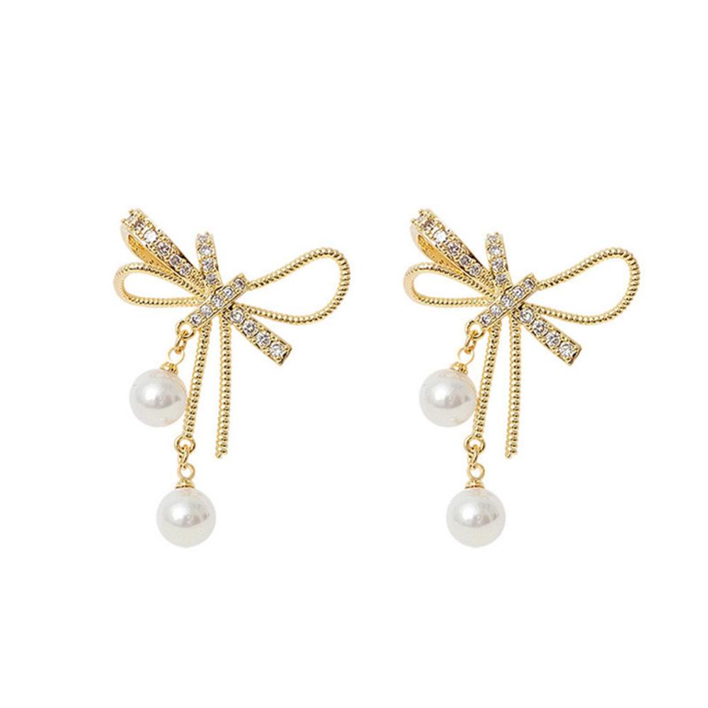 Timekey Anting Tusuk Gantung Desain Pita Hias Mutiaraberlian Gaya Simple Kreatif A6M2 Untuk Wanita