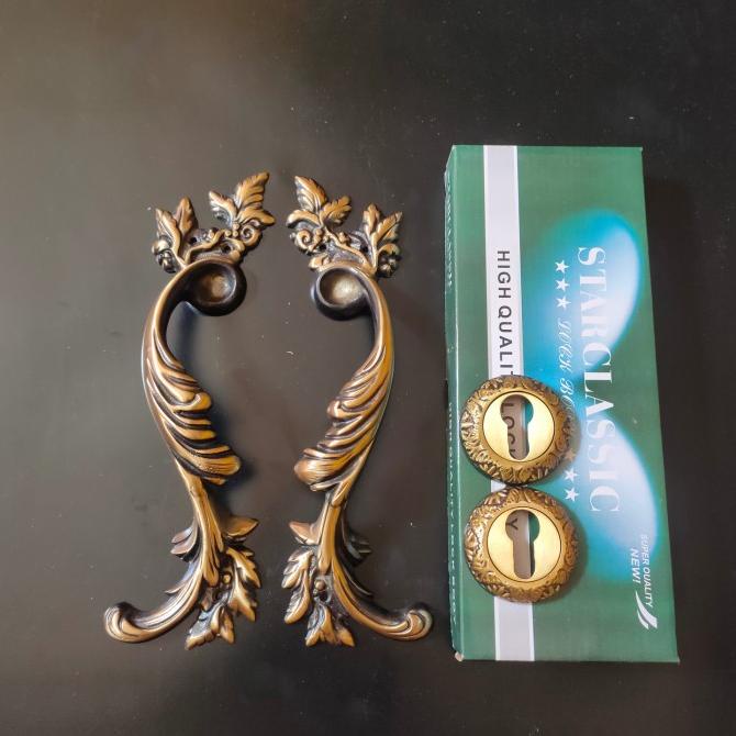 PROMO Kunci Pintu Rumah / Handle Pintu Kuningan Motif Cakar Antik Set Kunci