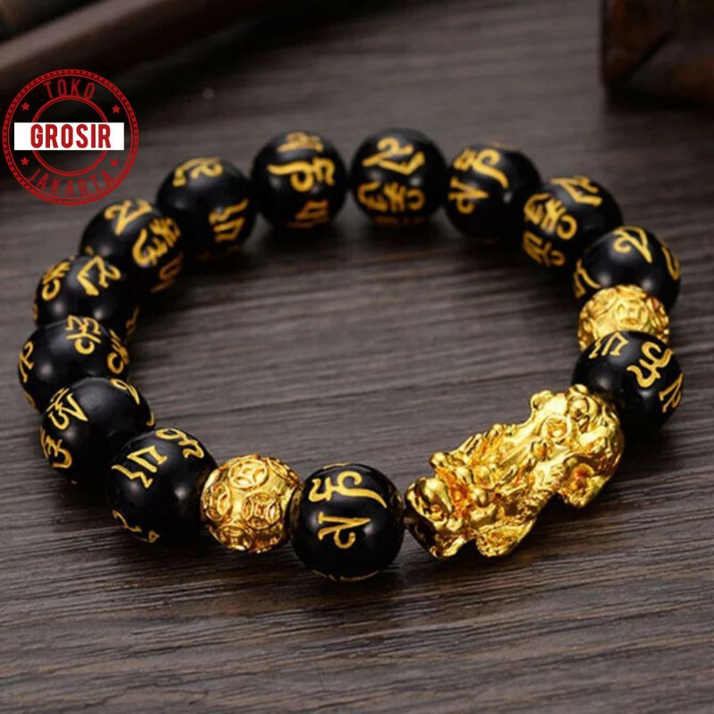 Gelang Batu Mantra Tibet Hitam Gelang Pixu Naga Emas