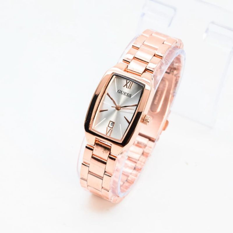 (Grosir)Jam Tangan Wanita Fashion Gues Oval Tanggal Aktif Strap Rantai/Stell(Terima Cod)