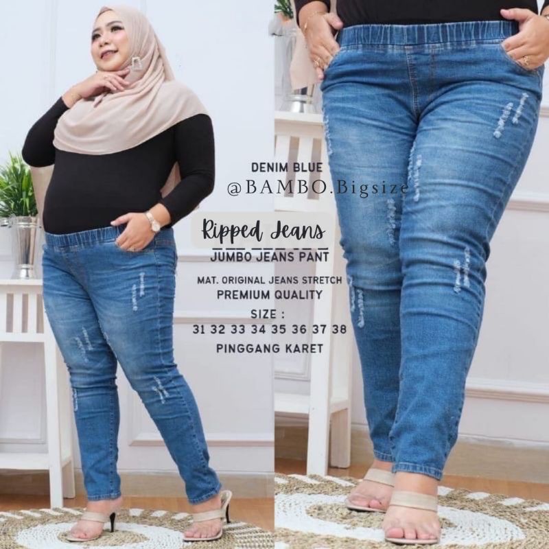 JEANS JUMBO PINGGANG KARET SIZE 27-38 STRETCH MELAR RIPPED