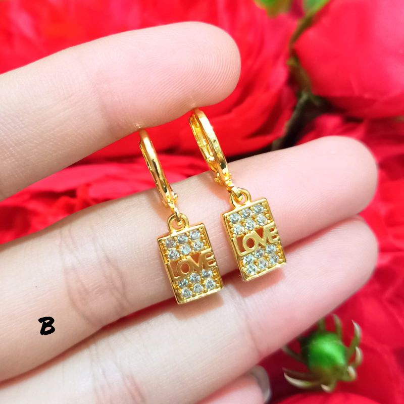 Anting permata zircon love emas Korea tidak karat