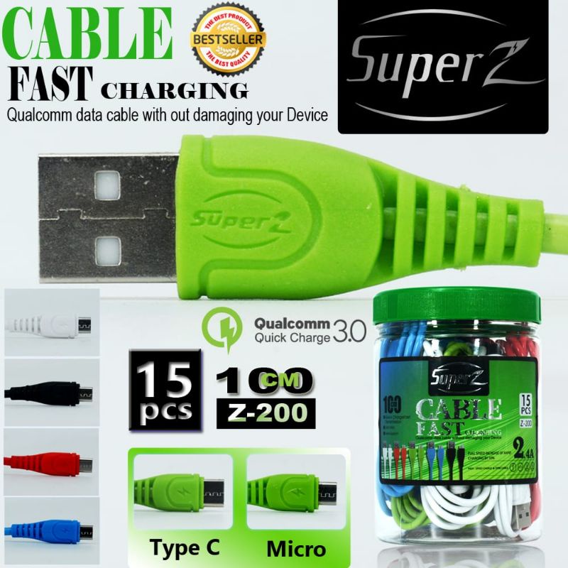 KABEL DATA TOPLES SUPER Z Z-200 FAST CHARGING KABEL BULAT MICRO &amp; TIPE C ( 15PCS FREE TOPLES)