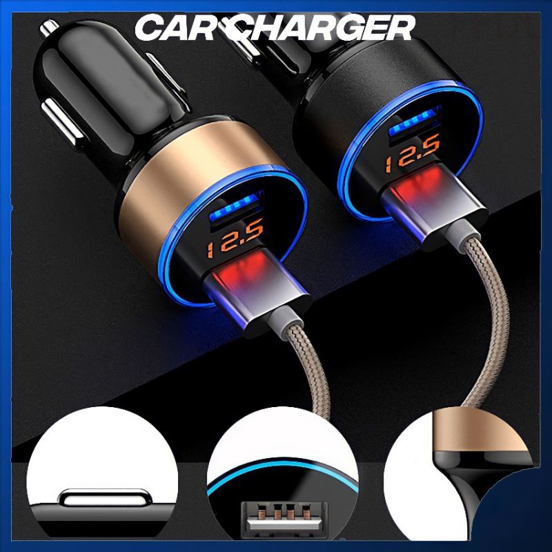 COD Charger Mobil USB Car Charger 4 in 1 Display Led Casan Mobil Colokan Mobil