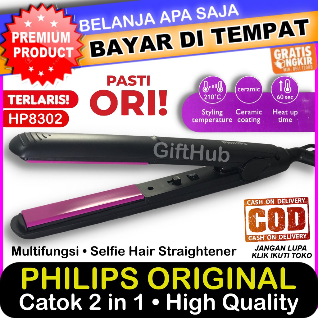 Catokan Rambut Philips 2 in 1 HP 8302 Selfie Hair Straightener Catok Lurus Keriting Multifungsi Ori