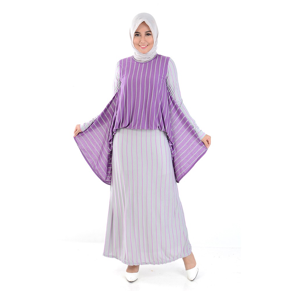 XSHOP Long Dress Gamis Maxi tangan Corak salur - Alfiana