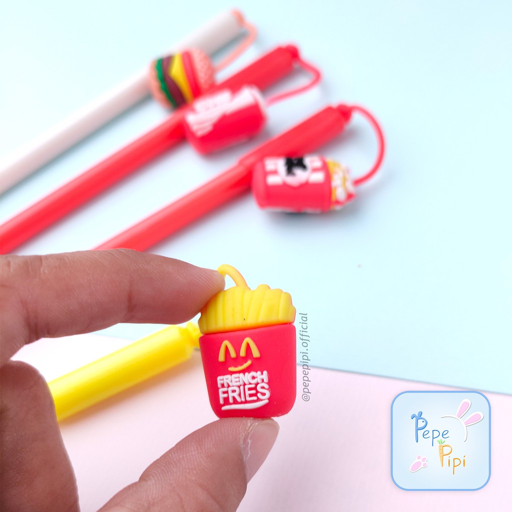 4 &amp; 12 pcs Pena Gantungan Fast Food KARET Bolpen Pen Pulpen Junk Burger Cola Gelpen Karakter Murah