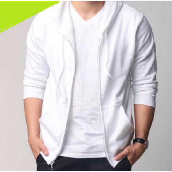 Jaket Sweater Switer Zipper Pria Wanita Cowok Cewek Warna Putih -Jaket