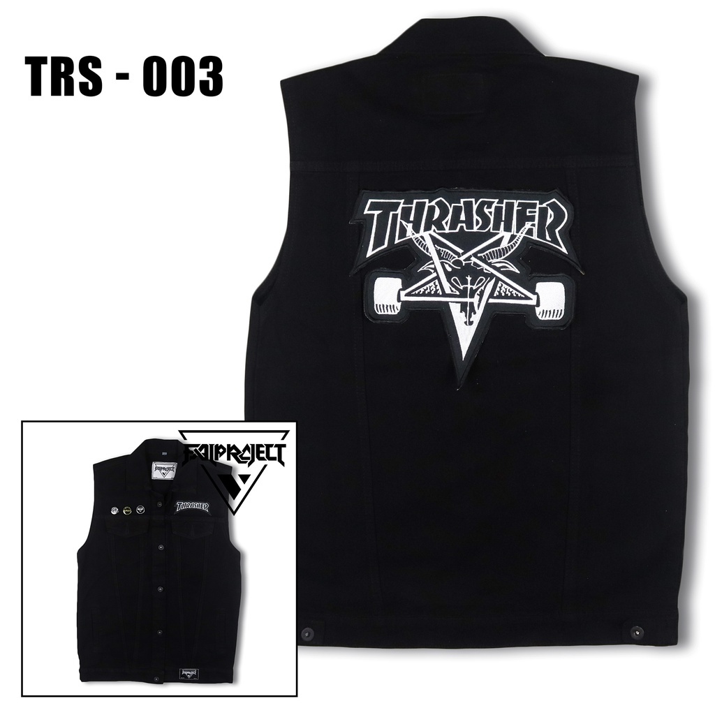 rompi jeans dengan bordir besar di punggung, jaket rompi jaket jeans denim vintage style motor casua