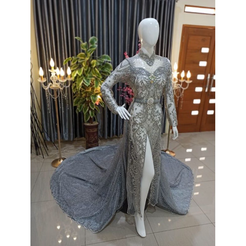 Gaun pengantin akad kebaya langsung konveksi pink grey