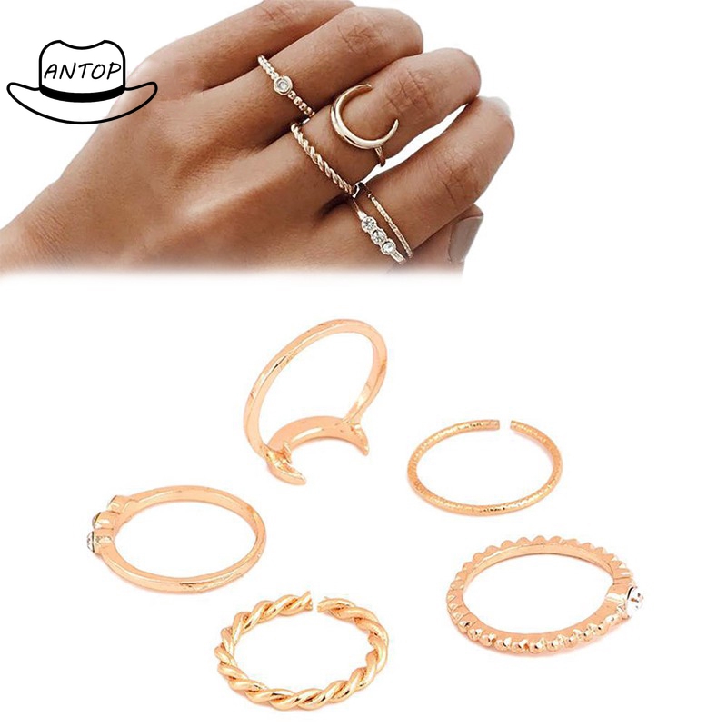 Antop！5Pcs Cincin Vintage Boho Model Stackable Bulan untuk Wanita