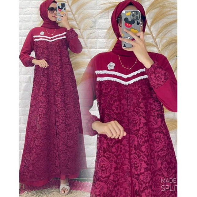Gamis Brokat Premium Dress Renda Baju Kurung Melayu Malaysia Set Longdress Kombinasi Seragam Outer