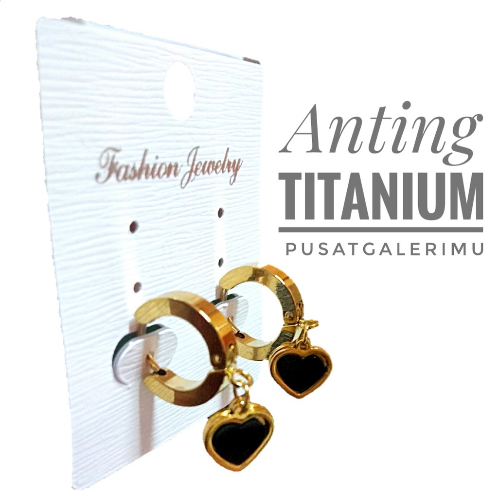 Anting Tiitanium Permata Hitam Love Warna Gold FREE BOX