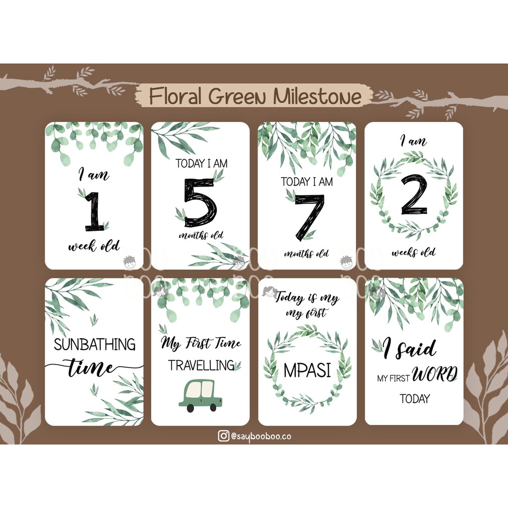 BooBoo Baby Milestone Card - Kartu Selfie Bayi FREE CUSTOM NAMA-Floral Green
