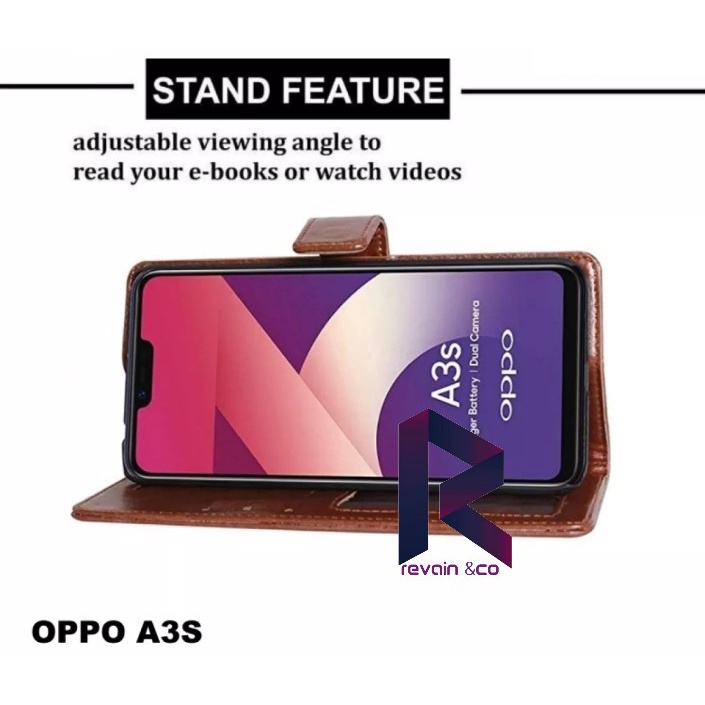 SARUNG KULIT OPPO A3S FLIP WALLET LEATHER KULIT PREMIUM SARUNG BUKA TUTUP FLIP CASE OPPO A3S