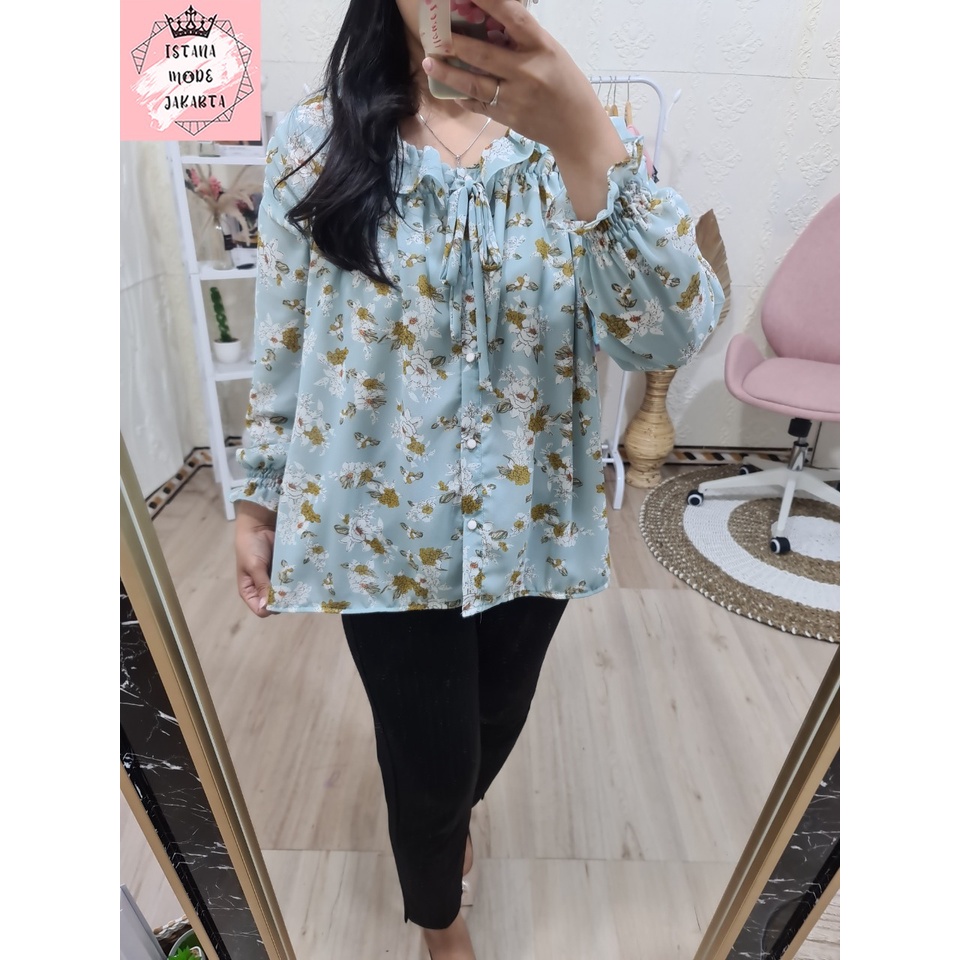 ISTANA MODE JAKARTA Sonya Jumbo baju atasan wanita terbaru blouse korean style blouse wanita lengan panjang-BIRU ABU 4