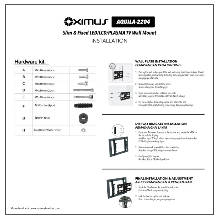 Bracket TV Fix LED TV 14&quot; - 42&quot; Oximus Aquila - Slim &amp; Fixed LED / LCD / PLASMA TV Wall Mount