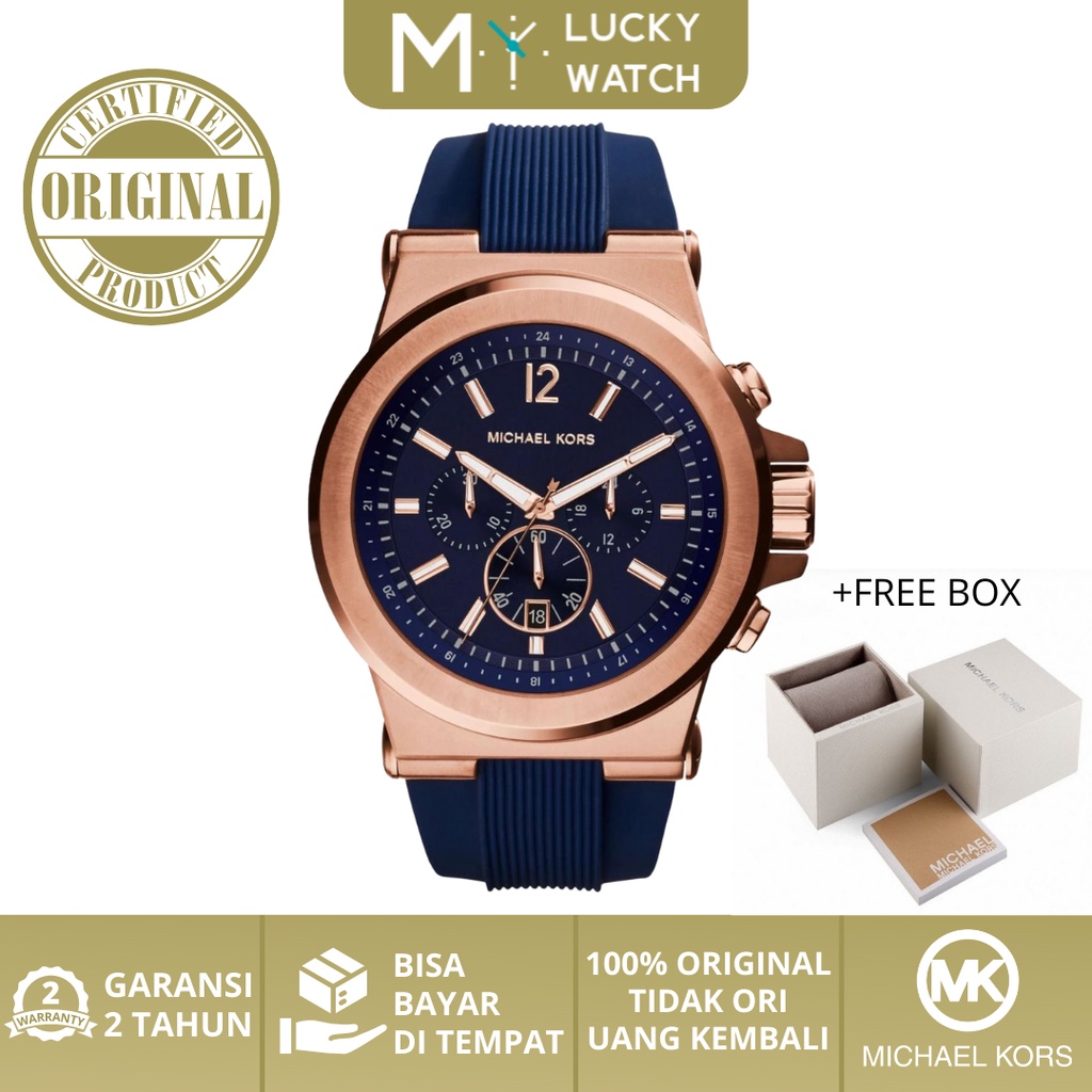 [ Original - Garansi 2 Thn ] Jam Tangan Pria MK8295 Dylan Blue Rubber Strap Rose Gold Dial Anti Air 
