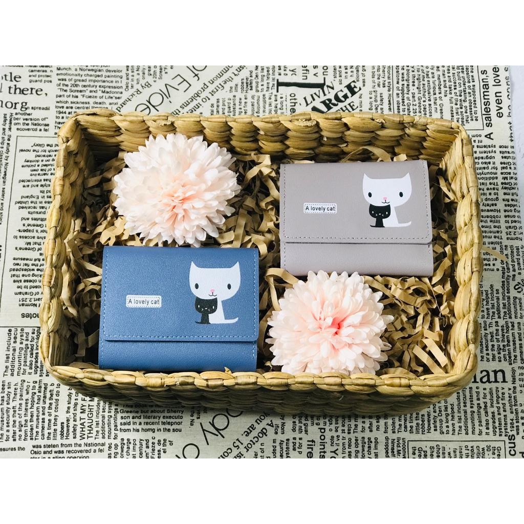 W20 Dompet Lipat Mini Wanita Kucing Lucu Cute Cat Murah Kantong Koin Kartu Uang Foto Cewek Women Wallet Kecil Perempuan Kulit PU Leather Binatang Putih Hitam Panjang  Korea Pria Cowok Laki Laki Cowo Import Premium Tas Cina Import Hadiah Cantik