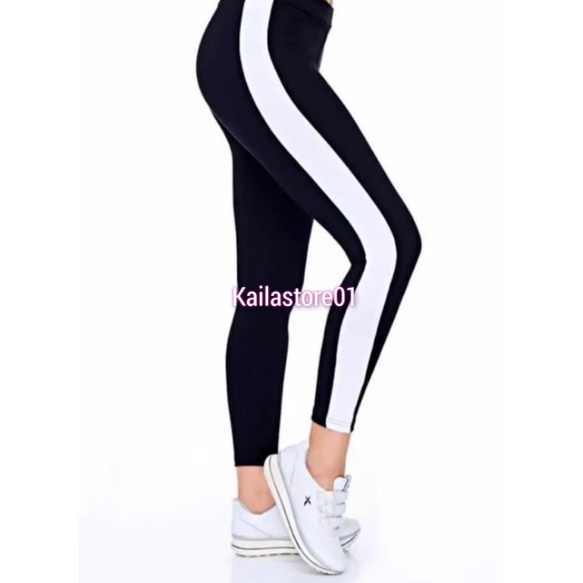 Celana Legging Strip Putih Bahan Spandex / Celana Legging Wanita