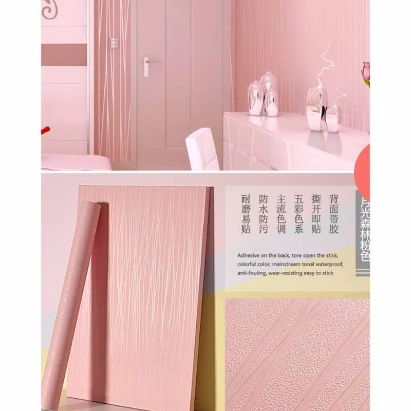 wallpaper stiker dinding motif garis pink embos