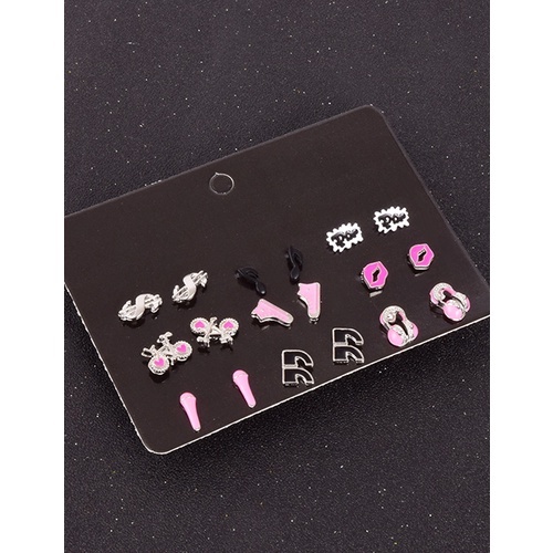 LRC Anting Set Fashion Pink Geometric Combination Drip Earrings Set V35411