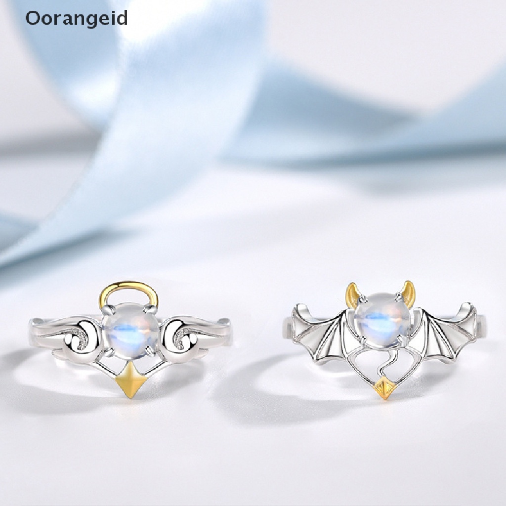 2022 Cincin Pasangan Desain Angel Devil Moonstone Warna Silver Untuk Pria Dan Wanita