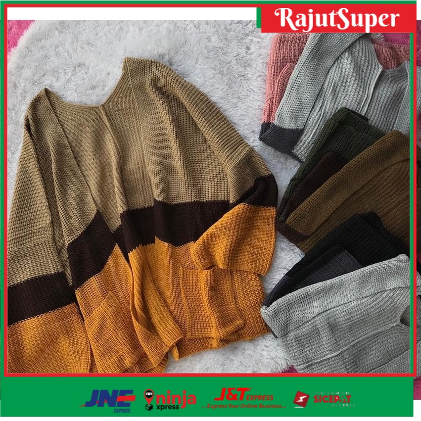 Cardigan Rajut Tebal Oversized Motif Strip Magra all size fit to XXL